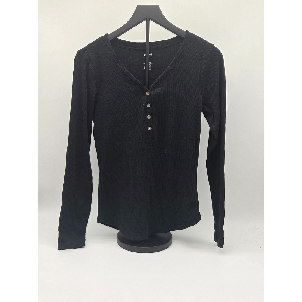 Sonoma Goods For Life Black Ribbed Henley Long Sleeve Top M 101-835